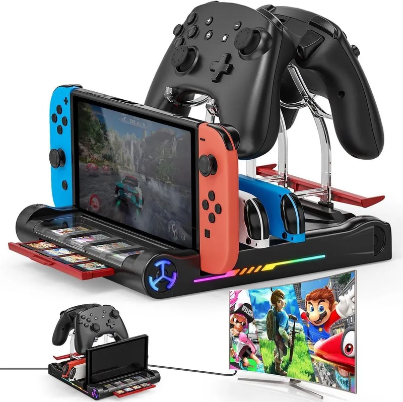 Docking Station voor en OLED - LED Oplaadstation voor JoyCon Controllers met 8 Game Opbergruimte en Snelle Verbinding